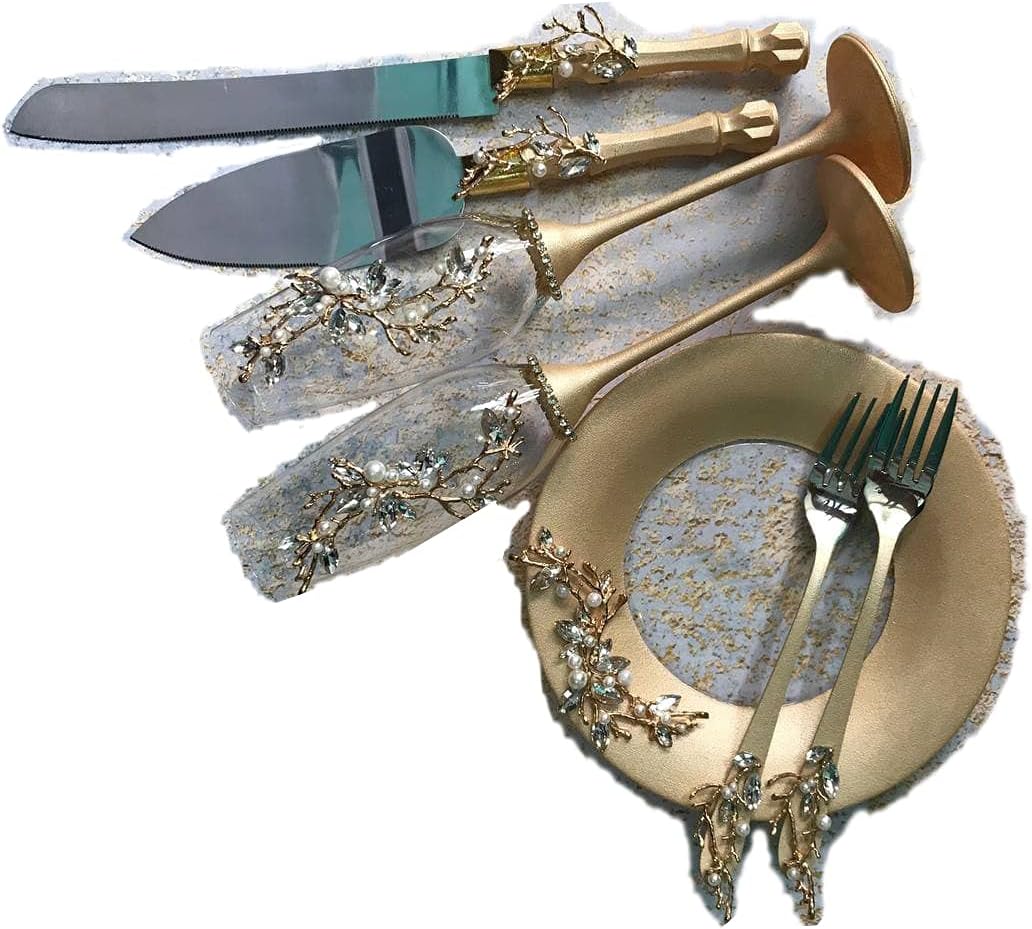 Personalized Gold Wedding Set with Branches and Pearls for Bride and Groom, Wedding Flutes and Cake Server Sets, Wedding Cake Plate and Fork Set (All Set) (All Set)