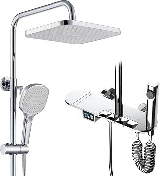 BEITH Thermostatic Shower System, 30x20cm Square Rain Shower Set, LED Digital Display, Piano Key Shower Faucet Sets Complete, Handheld, Bath Faucet, Spray Gun, 59A Copper Valve, Height Adjustable