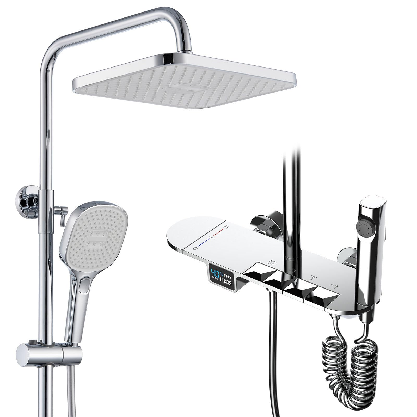 BEITH Sistema de Ducha Termostático, 30x20cm Cuadrado Columna de Ducha con Pantalla Digital LED, 4 Funciones Teclas del Piano Set De Ducha, 59A Latón Válvula, Autolimpieza, Durable, Altura Ajustable