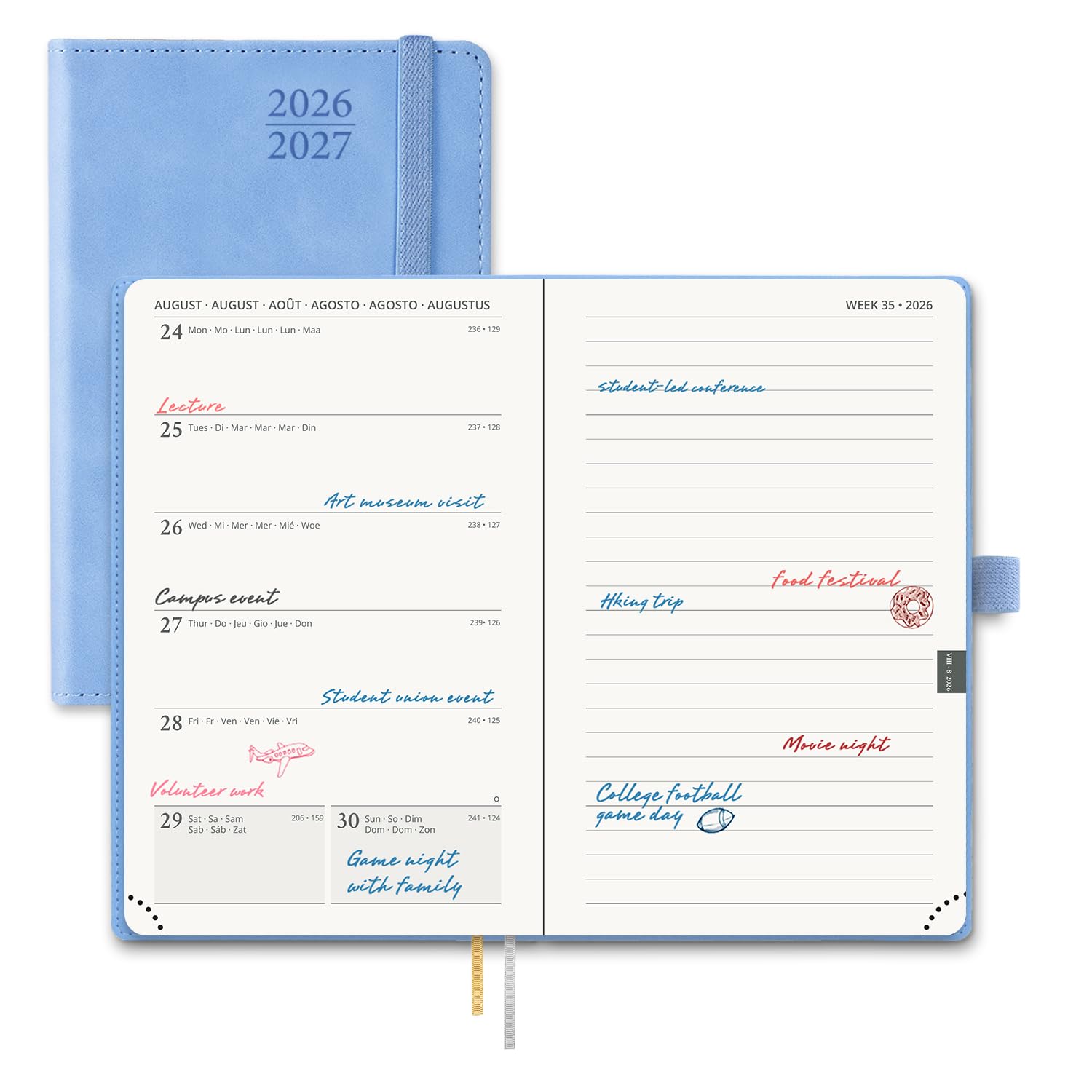 POPRUN Academic Pocket Diary A6 Week to View 2026-2027 Soft Cover 16 x 10.5 cm - 26/27 Small Weekly Planner & Notebook in One, Inner Pocket(Cyan Blue)