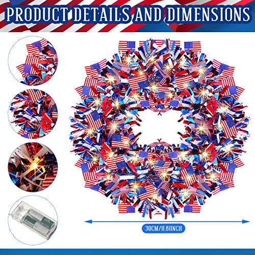 2 Pcs Patriotic Wreath 4Th Of July Lighted Wreaths 12 Inch American Flag Glittering Tinsel Garland Decor And 2 Led Light Strings For Front Door Independence Day Holiday Wedding Party (Round With Flag) #TOP1