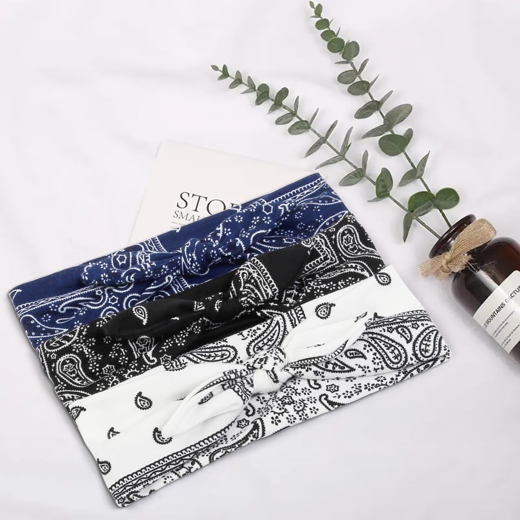 AIBFRID Opaski na głowę z kokardą dla kobiet dziewcząt boho bandana z nadrukiem paisley opaski na głowę do włosów damskie antypoślizgowe urocze wiązane damskie opaski do włosów opaski na głowę turban