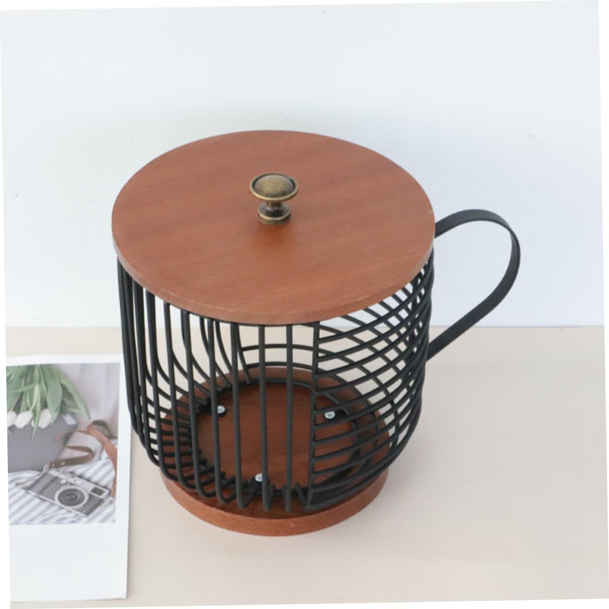 BESPORTBLE Wood and Metal Coffee Capsules Storage Basket with Lid Large Capacity Coffee Pod Organizer for Kitchen Countertop and Snack Storage Rack