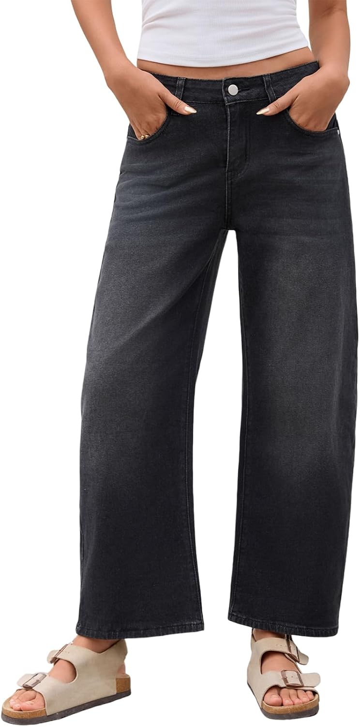Mid Rise Barrel Jeans for Women Trendy Boyfriend Stretchy Baggy Cropped Denim Pants with Pockets