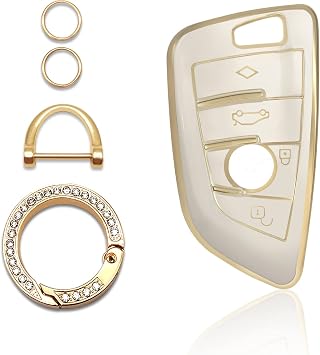 Soft TPU Key Fob Cover Case Shell Protector Car Key With Bling Keychain For Accessories Key Cover Compatible With BMW 2 5 6 7 Series X1 X2 X3 X5 X6, White
