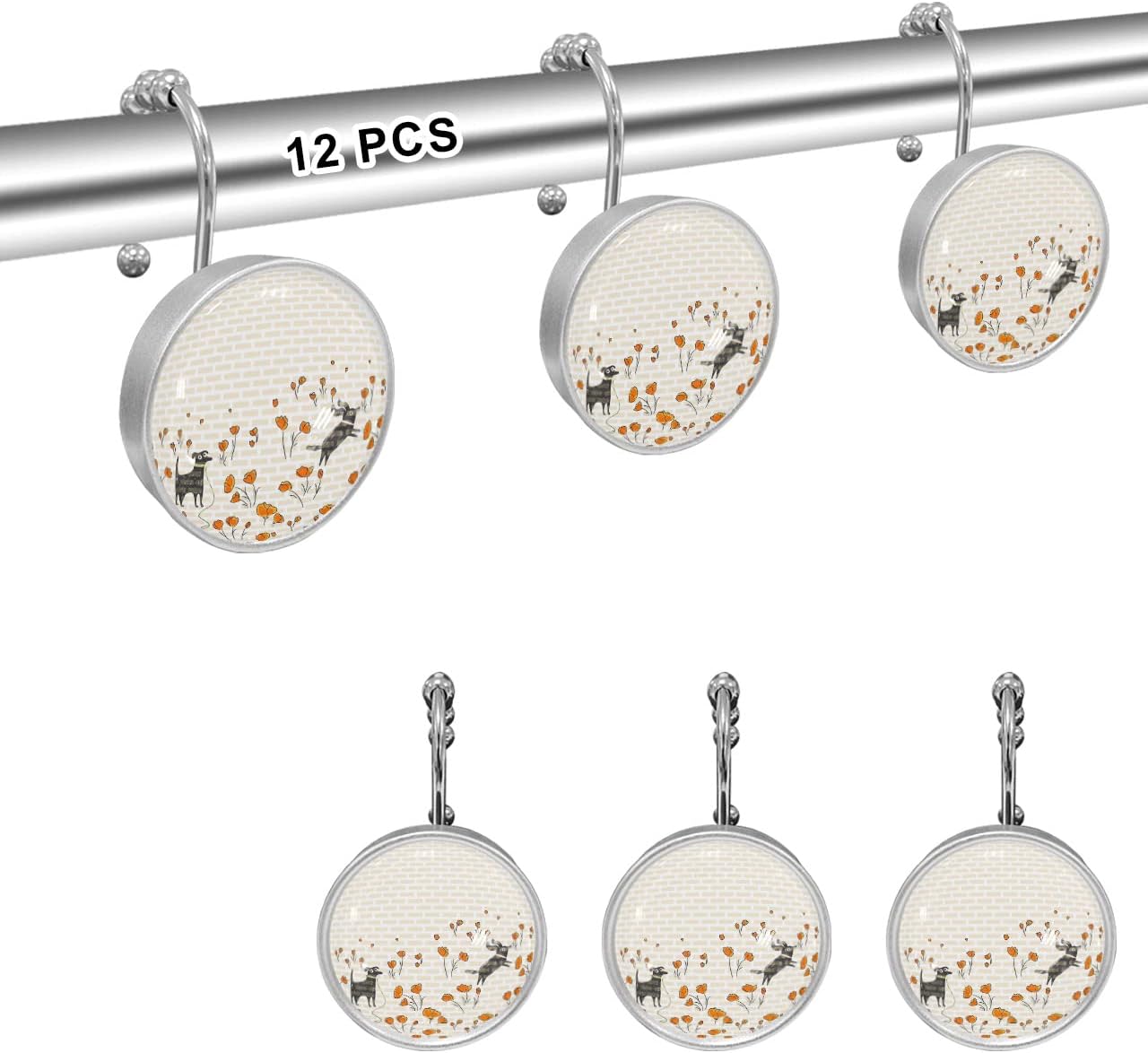 Shower Curtain Hooks 12 Pcs, Flower Cute Black Dog Brick Wall Stainless Steel Rust Proof Rolling Shower Curtain Rings, Decorative Shower Curtain Hooks Hangers for Bathroom