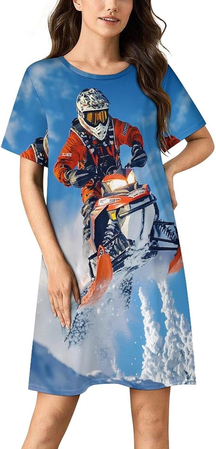 Snowmobile Action Snowy Scene Womens Nightgown Short Sleeve Sleepshirts Loungewear