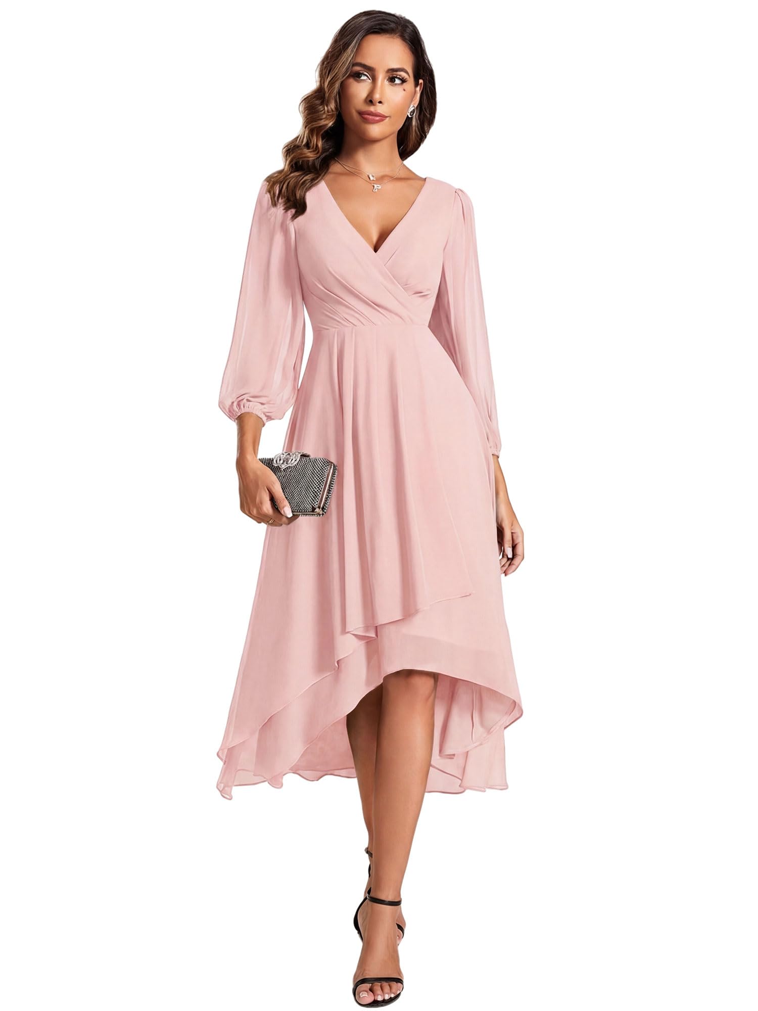 Ever-Pretty Damen Chiffon V-Ausschnitt Langarm Plissee A-Linie Midi Länge Hochzeit Gäste Kleid 01926