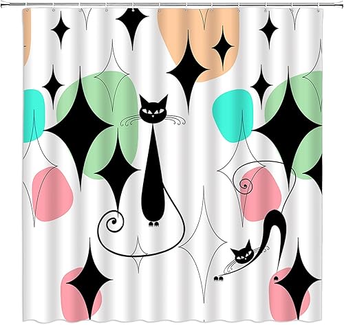 Miniatura 3 de Cortina de ducha de gato negro de mediados de siglo, moderna, atómica, abstracta, geométrica, patrón icónico, retro, gatito negro, de los años 50,