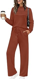 WIHOLL Two Piece Sets for Women Fall Travel Vacation Outfits Long Sleeve Lounge Sets Side Slit Wide Leg Pants S-3XL