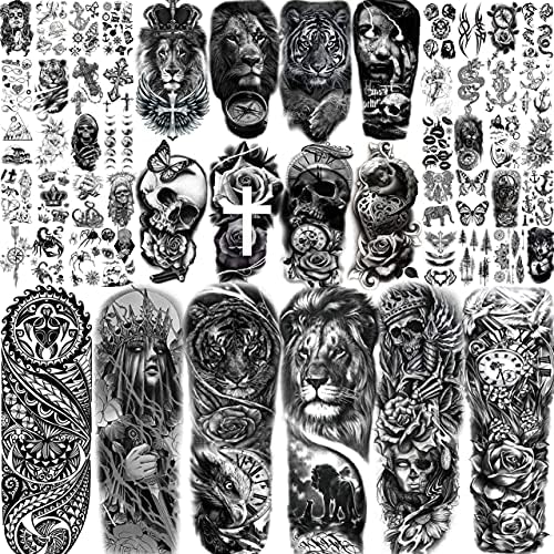 Amazon Com Fifyan 54 Sheets Full Arm Sleeve Temporary Tattoos For Women Men Long Large Lion Tiger Maori Skull Tattoo Sleeves Adult Thigh Leg Scary Skeleton Rose Flowers Fake Stickers Black X Large