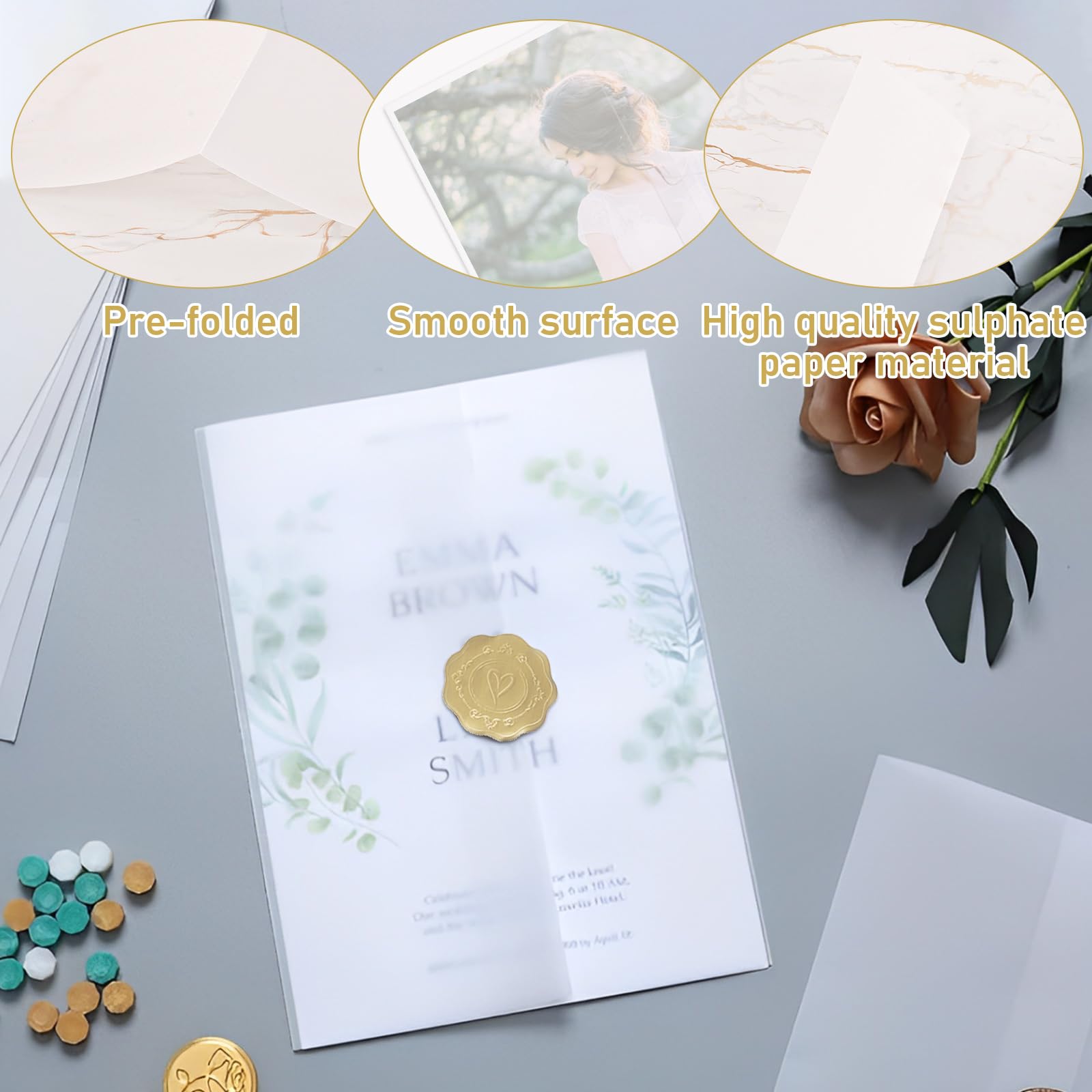 GBACHOOSE 100 chaquetas de papel de vitela translúcidas preplegadas de 6 x 8 pulgadas, chaquetas de papel vitela A5 para invitaciones de boda, baby shower, fiesta de cumpleaños