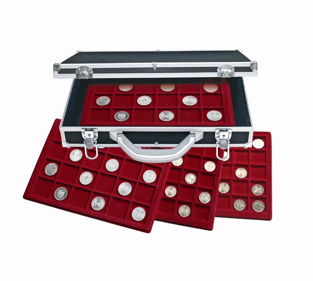 Coffret à Monnaie SAFE 259 Ronce De Bois Laqué – 6 Plateaux Velours Bleu – Pour 60 Séries De Pièces Euro – 410x255x85 Mm – Écrin Luxe Collectionneur