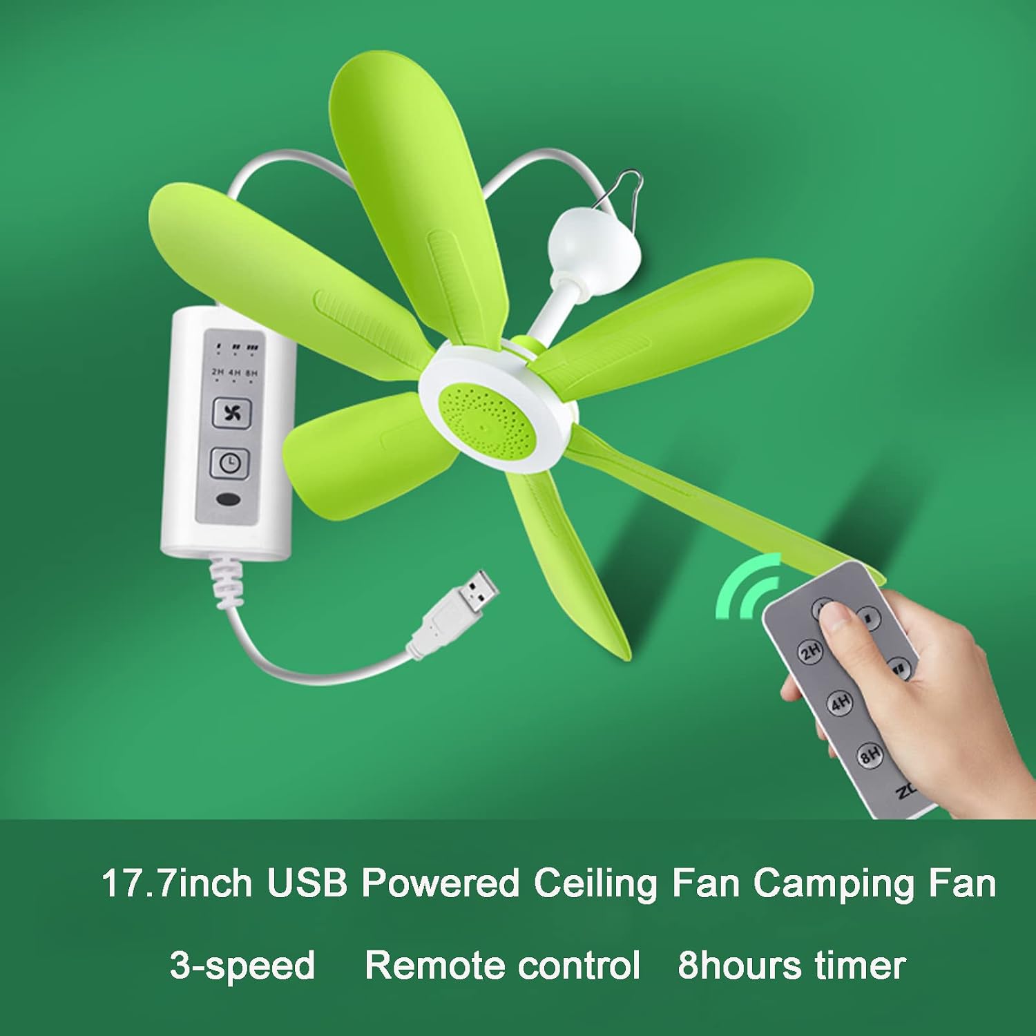 5V USB Ceiling Fan with Remote Control Timer 3 Gears for Bed Camping Outdoor RV