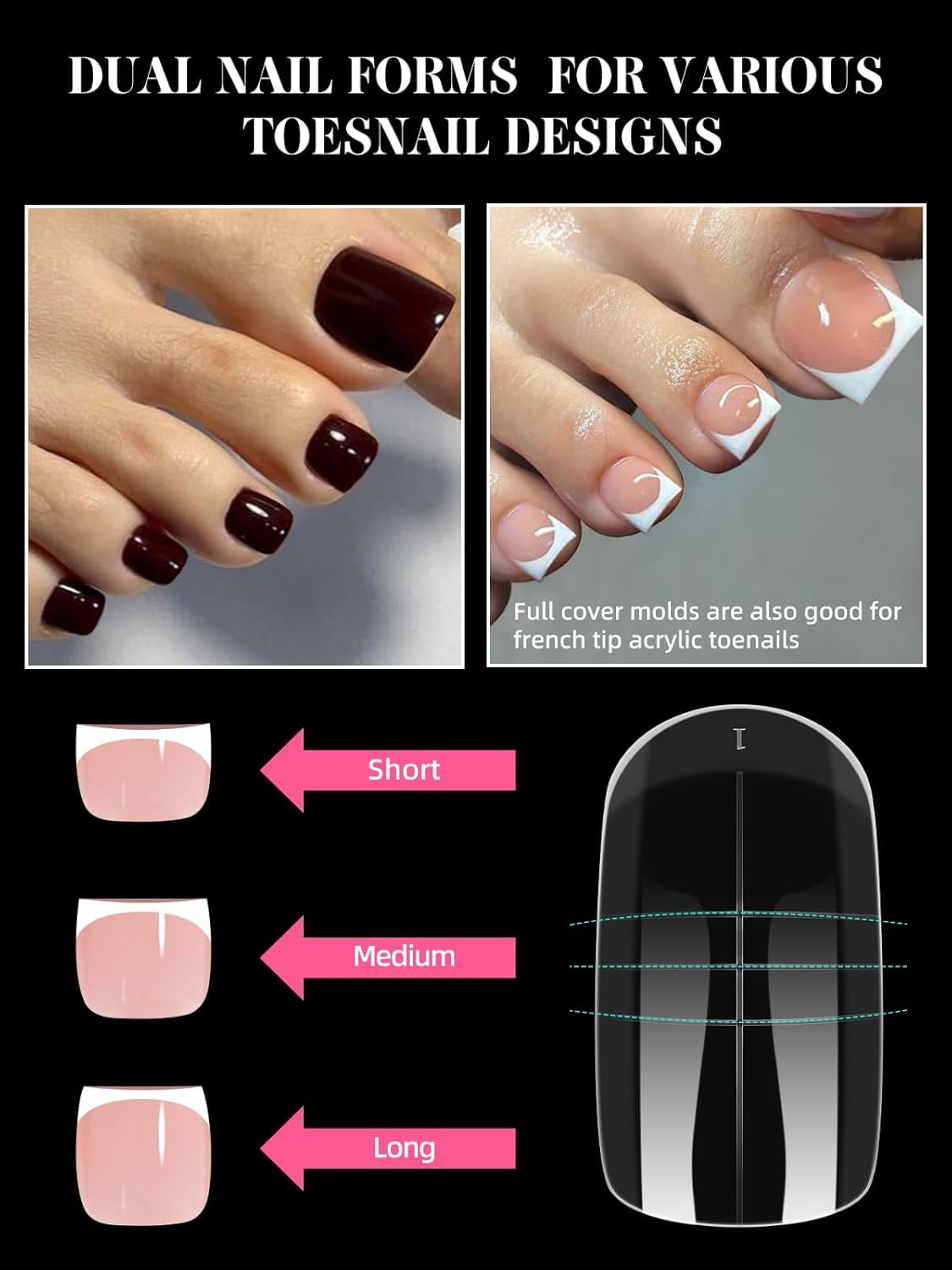 EBANKU 300 sztuk foremek do paznokci z żelu poli do paznokci, długie, kwadratowe, podwójne, do pedicure, wielokrotnego użytku, pełne szablony do przedłużania palców z poliżelu/akrylu, 15 rozmiarów