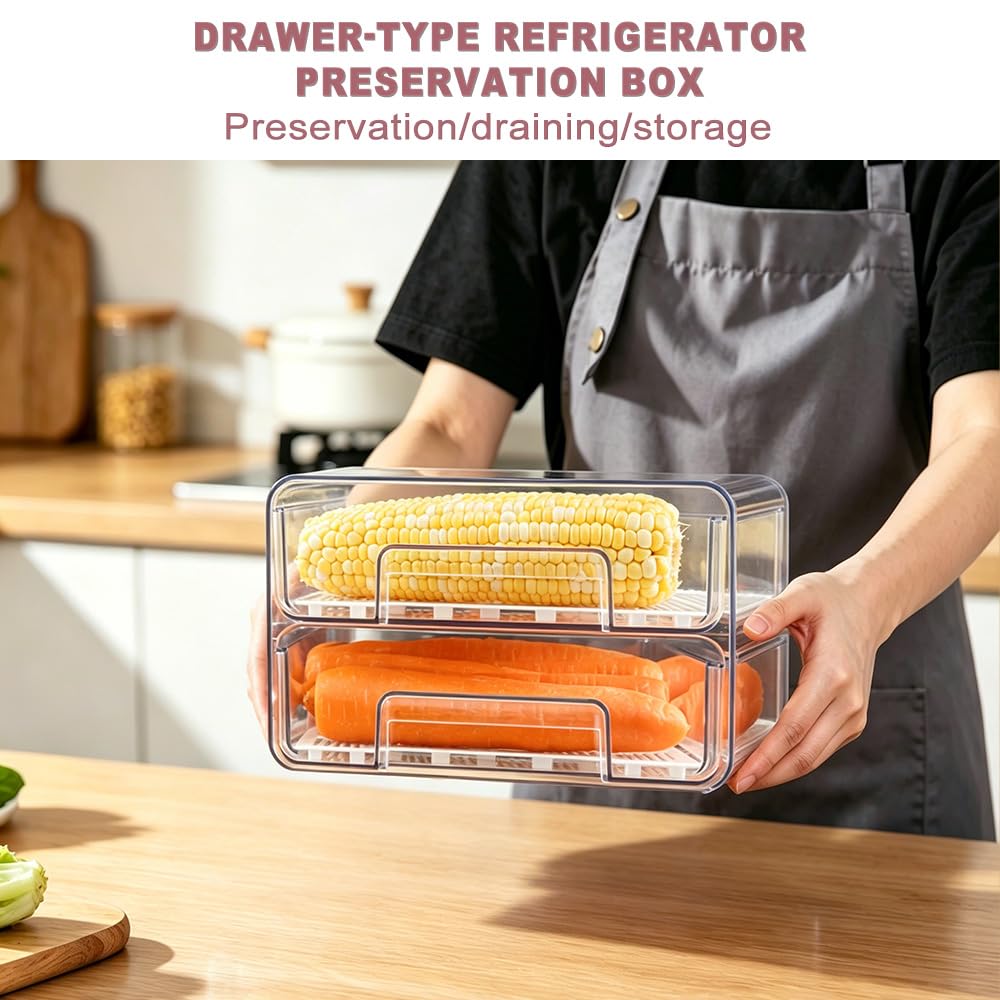 Kühlschrank Organizer Schublade 1 Stück, Doppelschichtige Fridge Organizer Stapelbar und Wiederverwendbar, Speisekammer Durchsichtig für Wurst, Küche, Gefrierschrank und Vorratsschrank Organizer