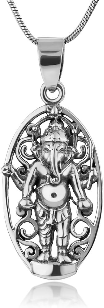 925 Sterling Silver Filigree Hindu Lord Ganesh Ganesha Elephant God of Fortune Pendant Necklace 18"
