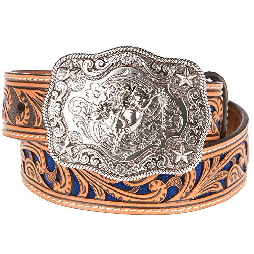 M&F Western Products Boys Brown Belt With Blue Inlay Scroll