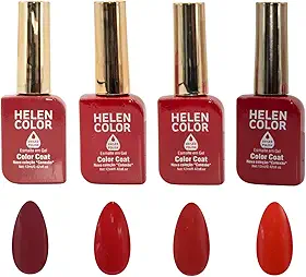 HELEN COLOR Kit 4 Esmaltes em Gel UV/LED, 12ml Cada, Alta Duração, Brilho Intenso, Secagem Rápida, Acabamento Brilhante, 48ml Total (Vermelho)