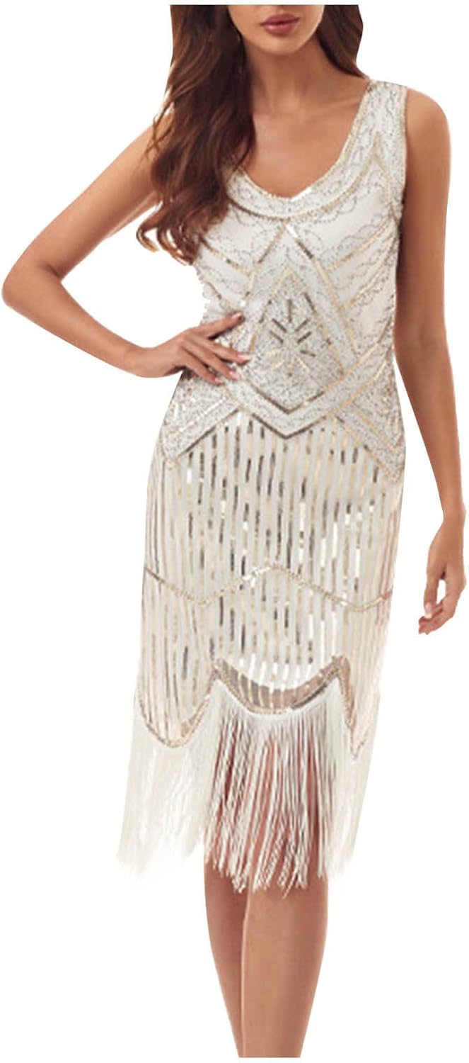 Women's 1920s Gatsby Dress Sequin Beaded Vintage Fringed Flapper Cocktail Party Evening Prom Gown Sleeveless Dresses