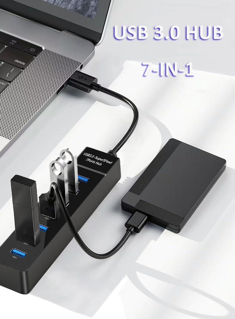 Hub USB 3.0 7 ports, répartiteur USB 5 Gbit/s de données avec câble de 1,2 m, pour ordinateur portable, PC, MacBook, Mac Pro/Mini, iMac, Surface Pro, Windows, clé USB, disque dur mobile