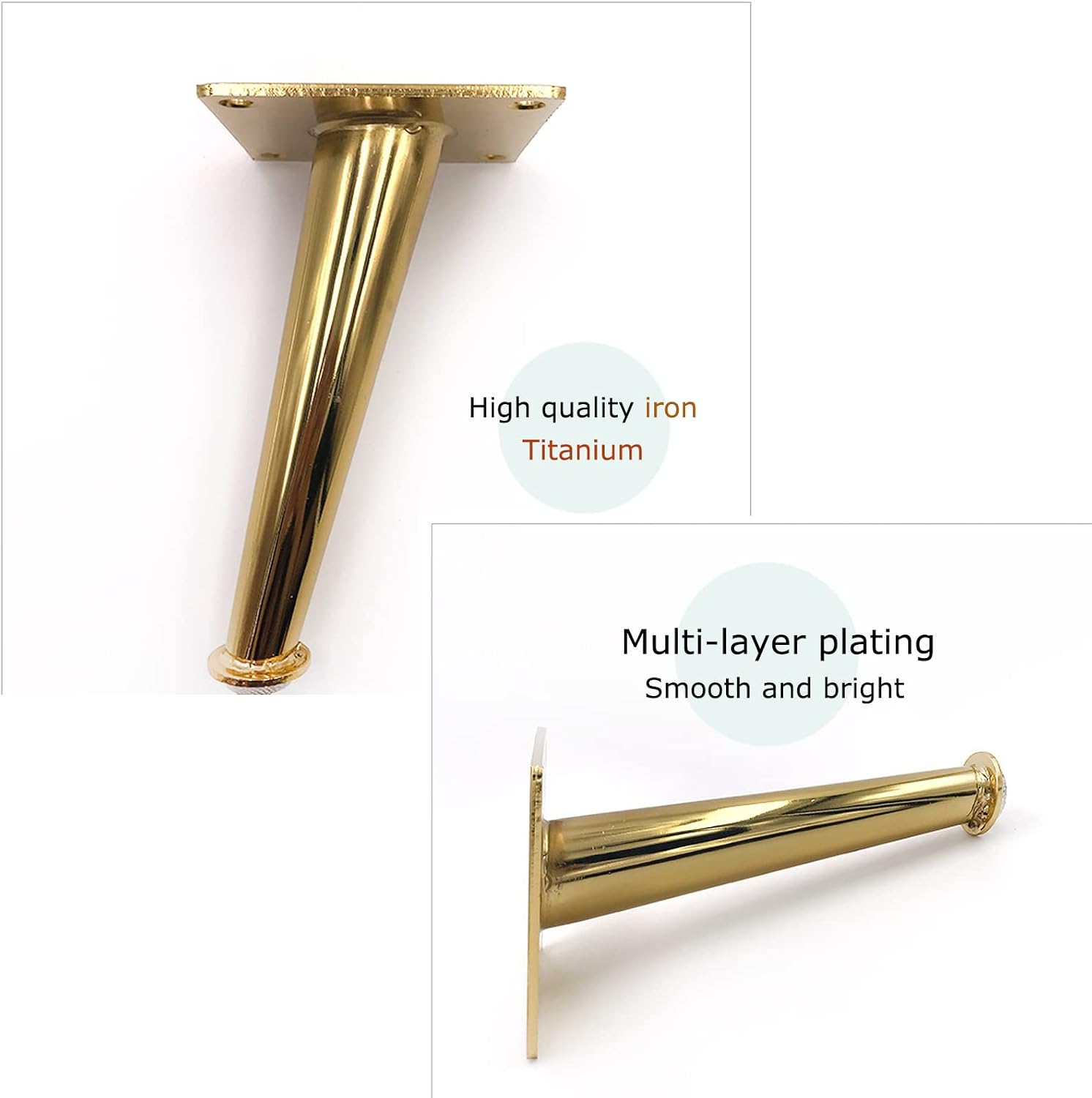 Metal Sofa Legs 4 Pack Cabinet Feet Replacement Table Legs with Mounting Screws Oblique Cone Furniture Legs for Beds/Couch/Bedside Table Gold