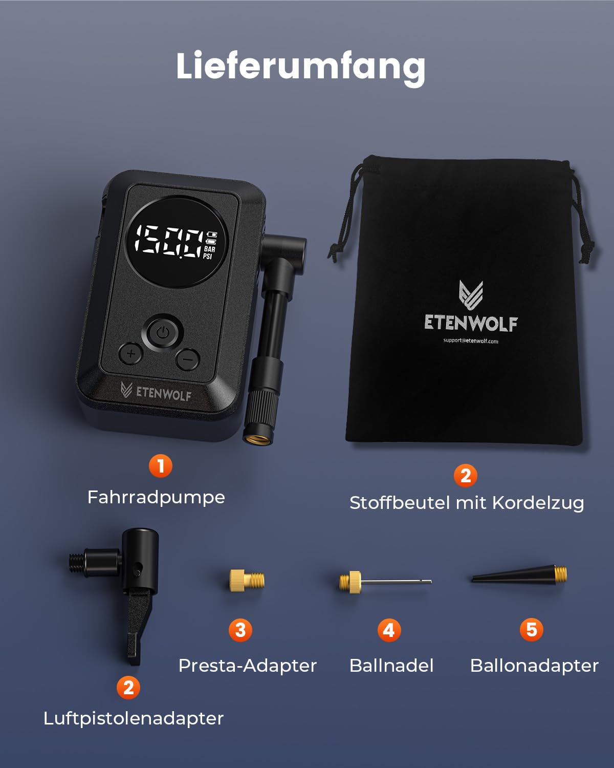 ETENWOLF Elektrische Fahrradpumpe,10,34 BAR Tragbare Reifenpumpe mit Presta und Schrader Ventil für Mountainbike,Rennrad,Motorrad,Ball,Schnellbefüllung&Auto-Stopp Luftpumpe mit Manometer (Schwarz)