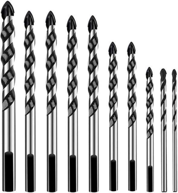 KAHEIGN 10Pcs Masonry Drill Bits, 7 Size Tungsten Carbide Drill Bit Set Multi-Material Drill Bits for Porcelain Ceramic Tile Concrete Brick Wall Glass Mirrors Plastic Masonry and Wood