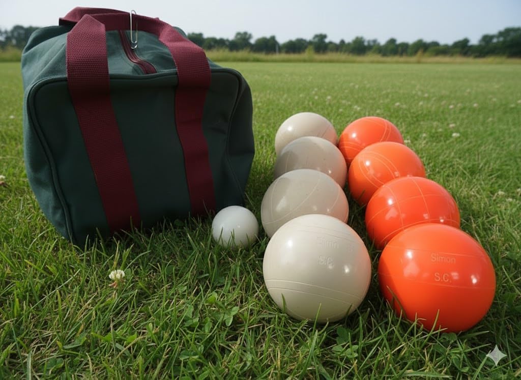 BuyBocceBalls Listing - Made in USA, Premium Quality Engraved Tournament Bocce Set, 998 Grams (2 lbs. 3.2 oz.). Various Bag Colors - 110mm Orange and White Balls, Nylon Bag