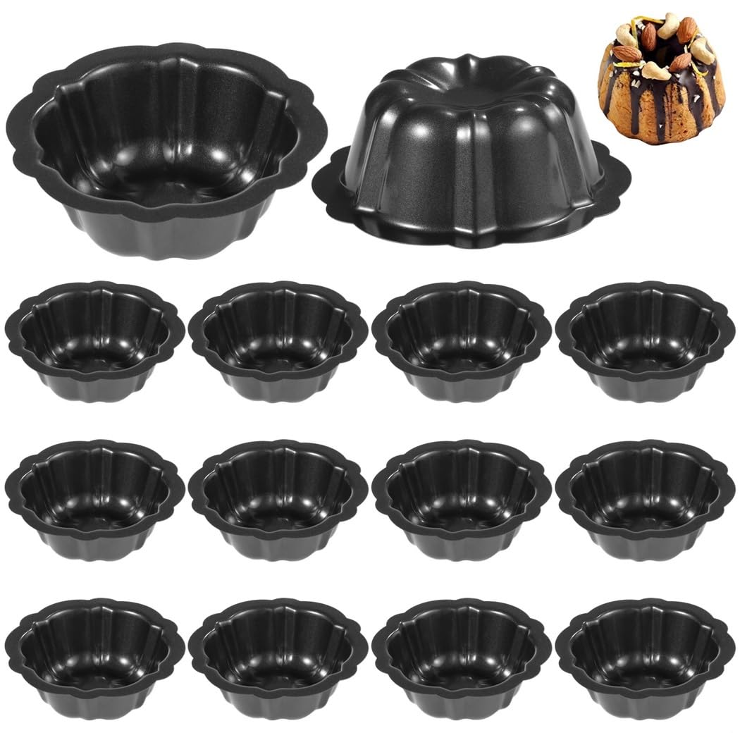 Mini-Kuchenformen, antihaftbeschichtet, Karbonstahl, geriffelt, Blumenform, runde Kugelhopfpf-Pfannen zum Backen von Cupcakes, Muffins, Brownies und Puddings, 16 Stück