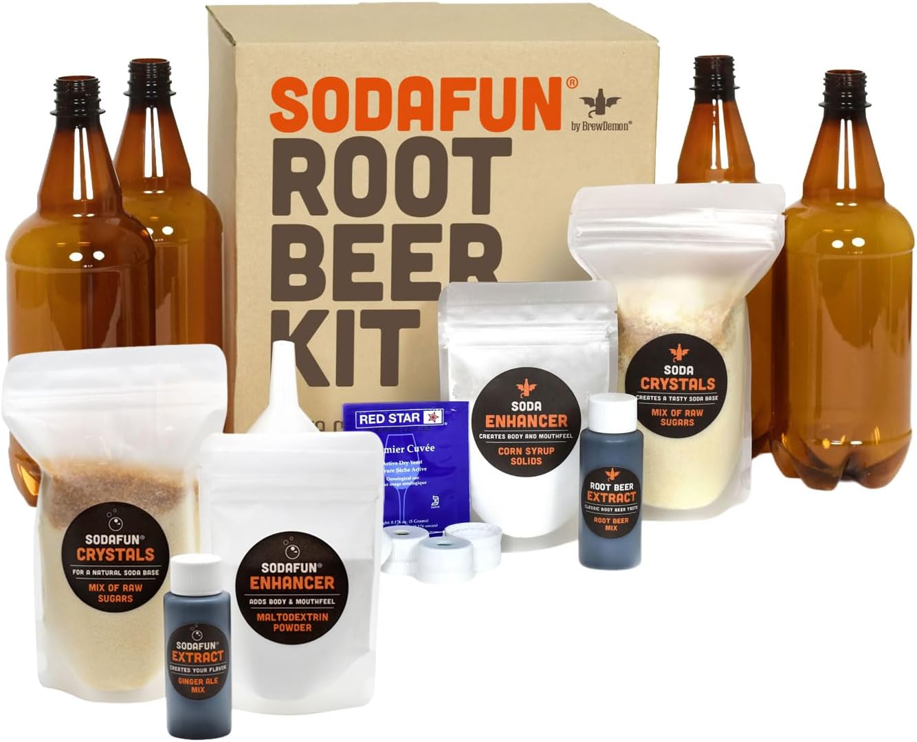 SodaFun - Classic Root Beer Bonus kit with Bottles - Complete Starter Kit, Equipment and Supplies Plus a Bonus Recipe - Includes (2) 1 Gallon Batches