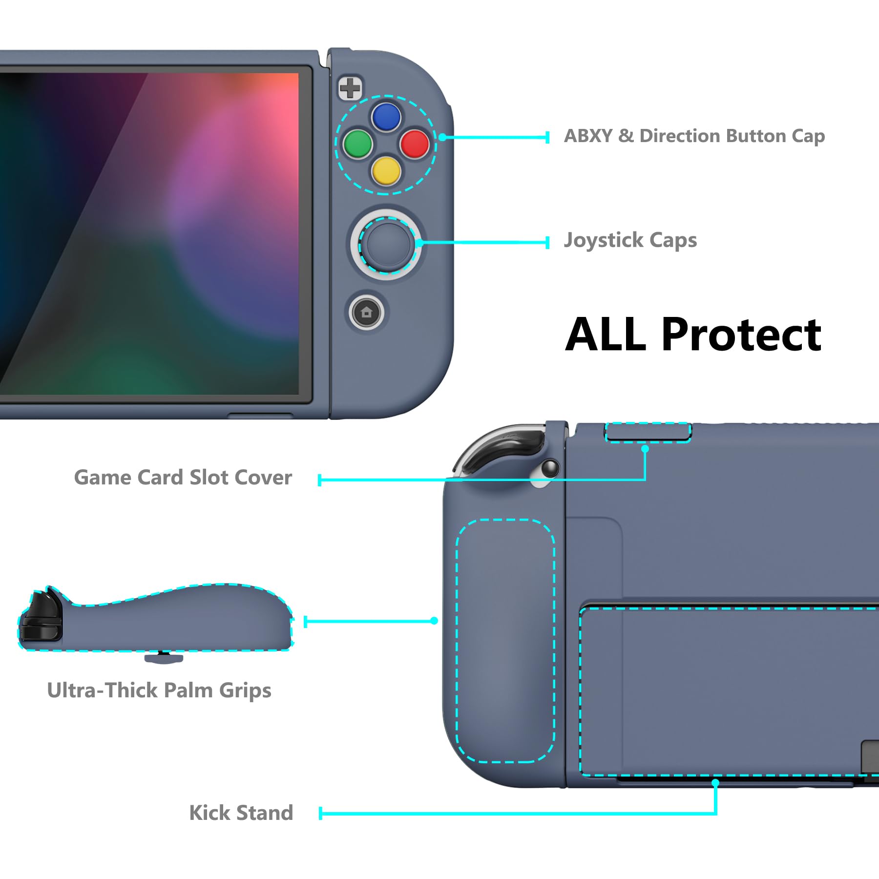 playvital ZealProtect Coque de Protection Souple Joycon pour Nintendo Switch OLED avec Capuchons pour Pouce et Boutons ABXY Direction Gris Ardoise