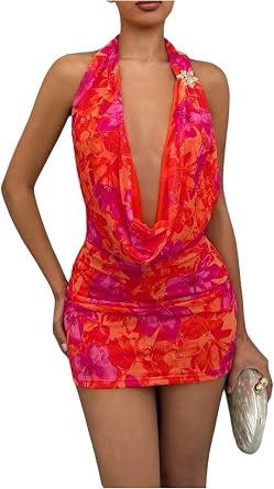 OYOANGLE Womens Sexy Deep V Halter Dress Floral Bodycon Mini Dresses Sleeveless Party Club Outfit