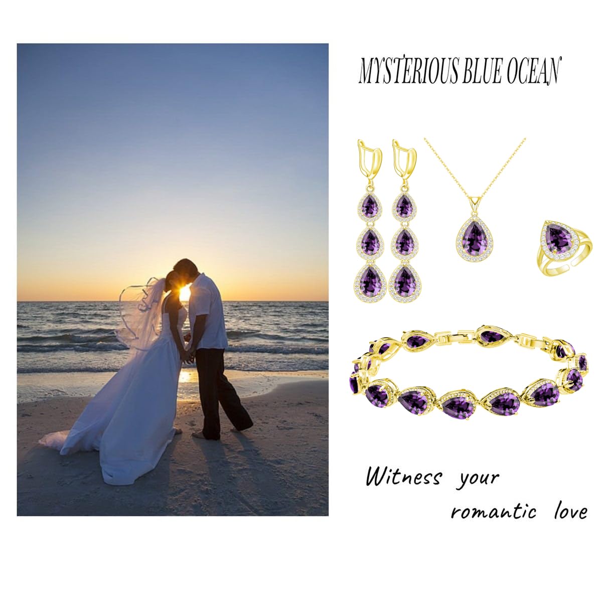 LMXXVJ Juego de collar y aretes largos y pulsera, chapado en oro blanco, zafiro azul, joyería de regalo de boda, fiesta, joyería para mujer, novia, dama de honor