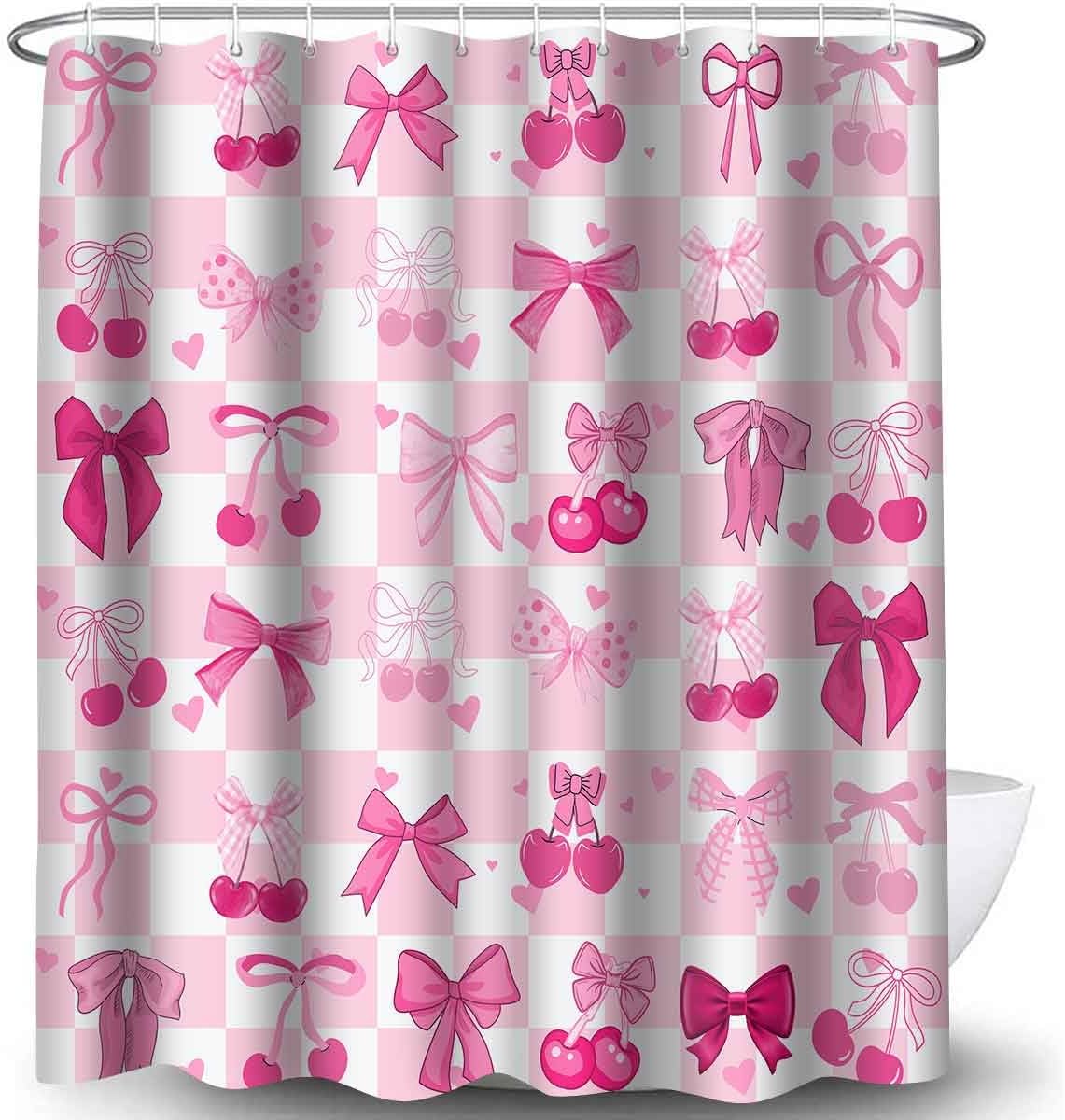 Pink Bow Shower Curtain, 72x72inch, Pink White Checkered Bow Tie Cherry Shower Curtain Sets Cute Pink Bowknot Women Girls Aesthetic Bathroom Shower Curtains Decor Set with 12 Hooks YLGJTP1