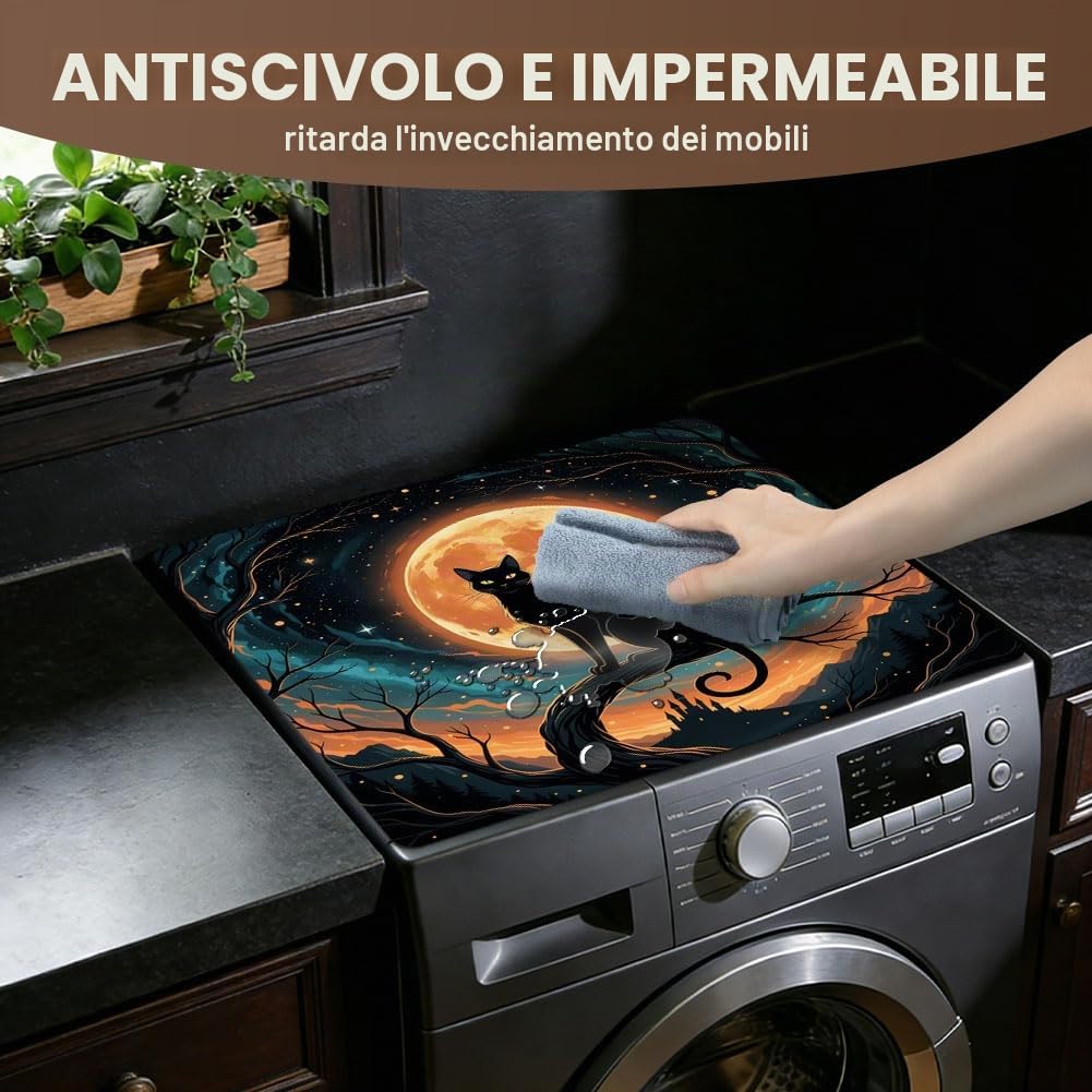 SUPERDANT Topper Lunare per Lavatrice e Asciugatrice Impermeabile Tappetino Protettivo Antiscivolo con Gatto Nero Copertura Pieghievole per Macchine a Carica dall Alto Decorazione per Lavanderia
