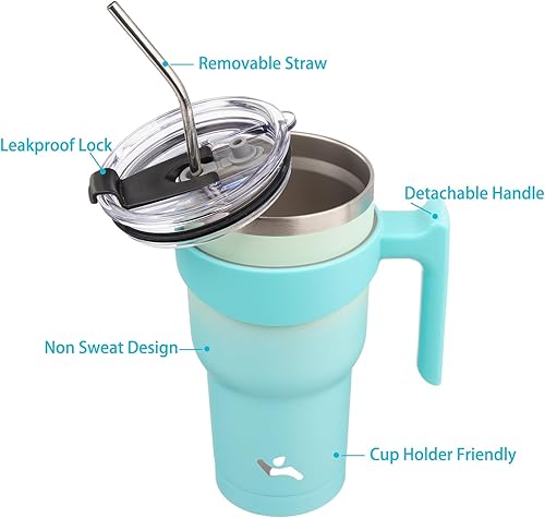 Miniatura 2 de Vaso de 30 onzas con asa y 2 pajillas, 2 tapas, botella de agua aislada de acero inoxidable al vacío, taza reutilizable para viaje, menta