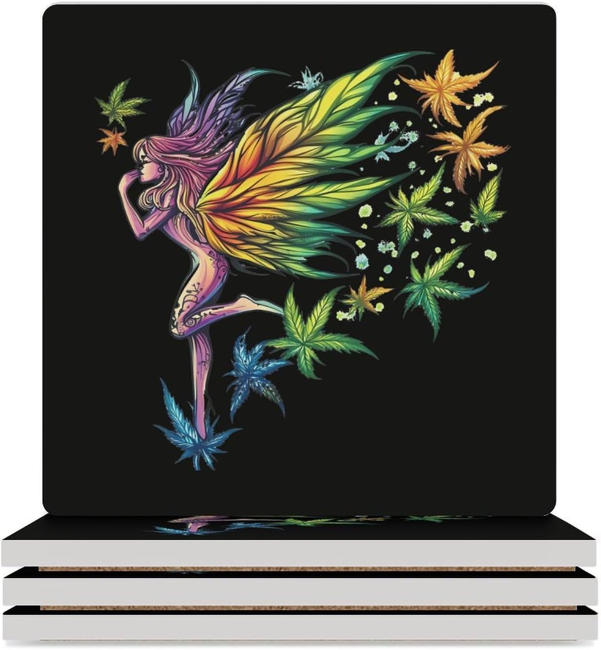Weed Fairy Leaf Coasters for Drinks Square Table Coasters Set Cup Mats with Cork Base