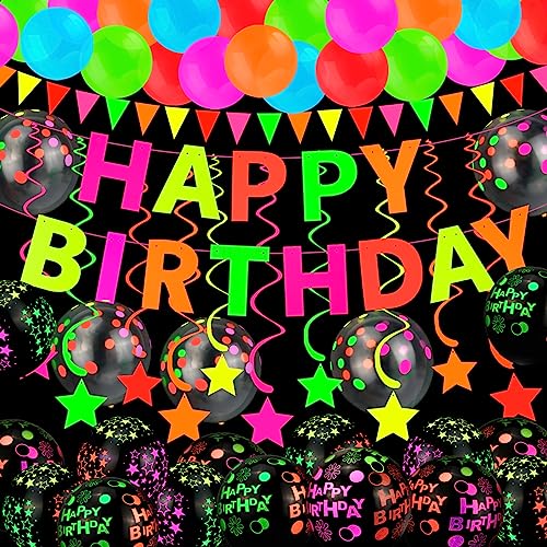 HOWAF Decoração de aniversário Neon Party, balões néon bandeira feliz aniversário grinaldas de aniversário para Happy Birthday decoração festa de aniversário