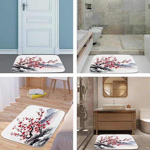 Miniatura 5 de Alfombra de baño floral con ramas de flor de ciruelo, terciopelo coral, tapete de ducha antideslizante para baño, árbol de flores, juegos de