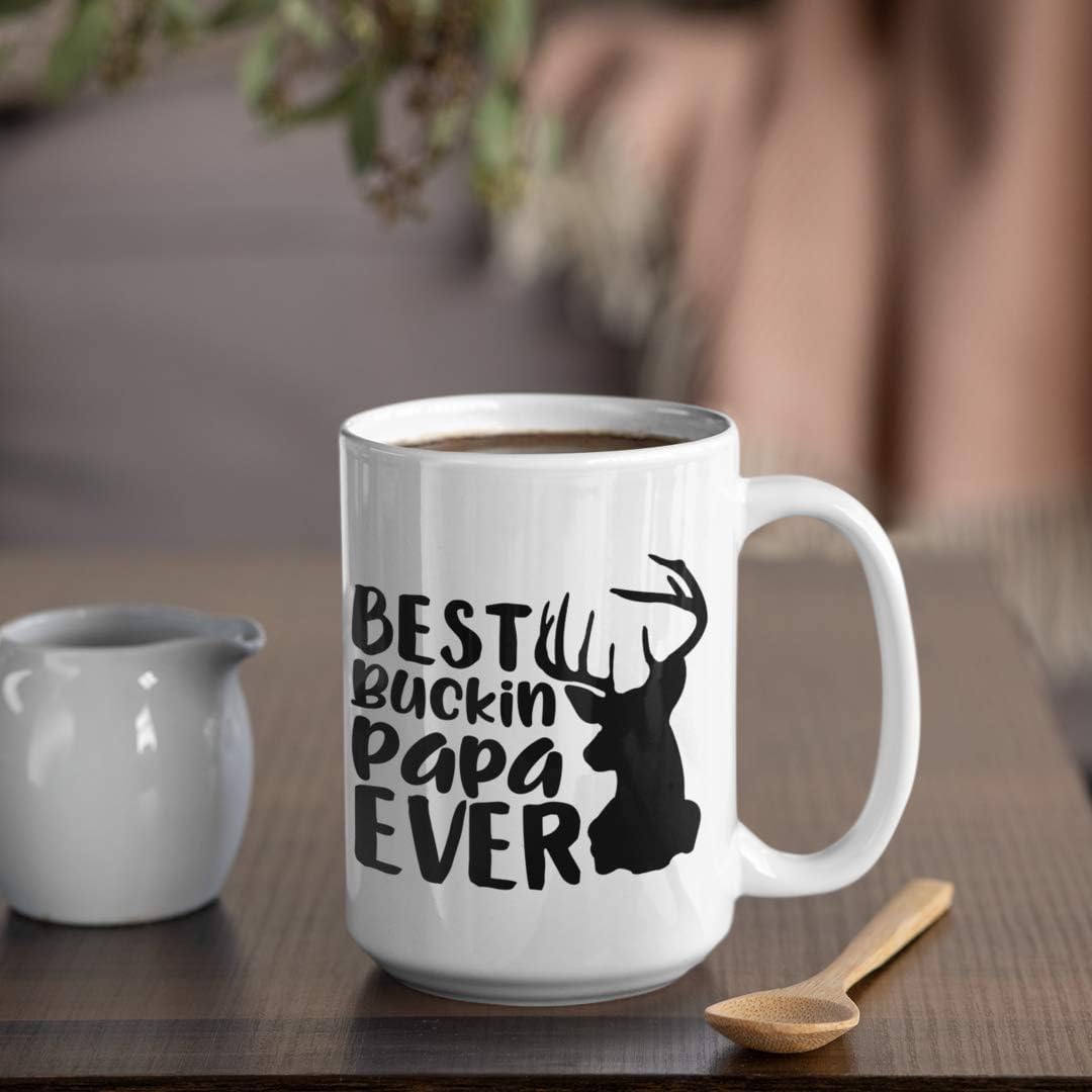 Best Buckin Papa Mug for Grandpa or Dad for Fathers Day Birthday Christmas Funny Deer Hunting Pun 11 or 15 oz. White Ceramic Coffee Tea Cup with Sayings for Men Him
