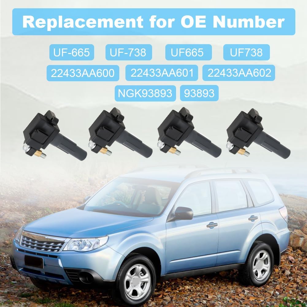 JDMON UF665 4PCS Ignition Coils Pack and Spark Plug Compatible with Subaru Forester 2011-2013 Impreza 2011-2014 Legacy 2010-2012 WRX 2013-2014 WRX STI 2013-2018 2.5L H4 Replacement for NGK93893