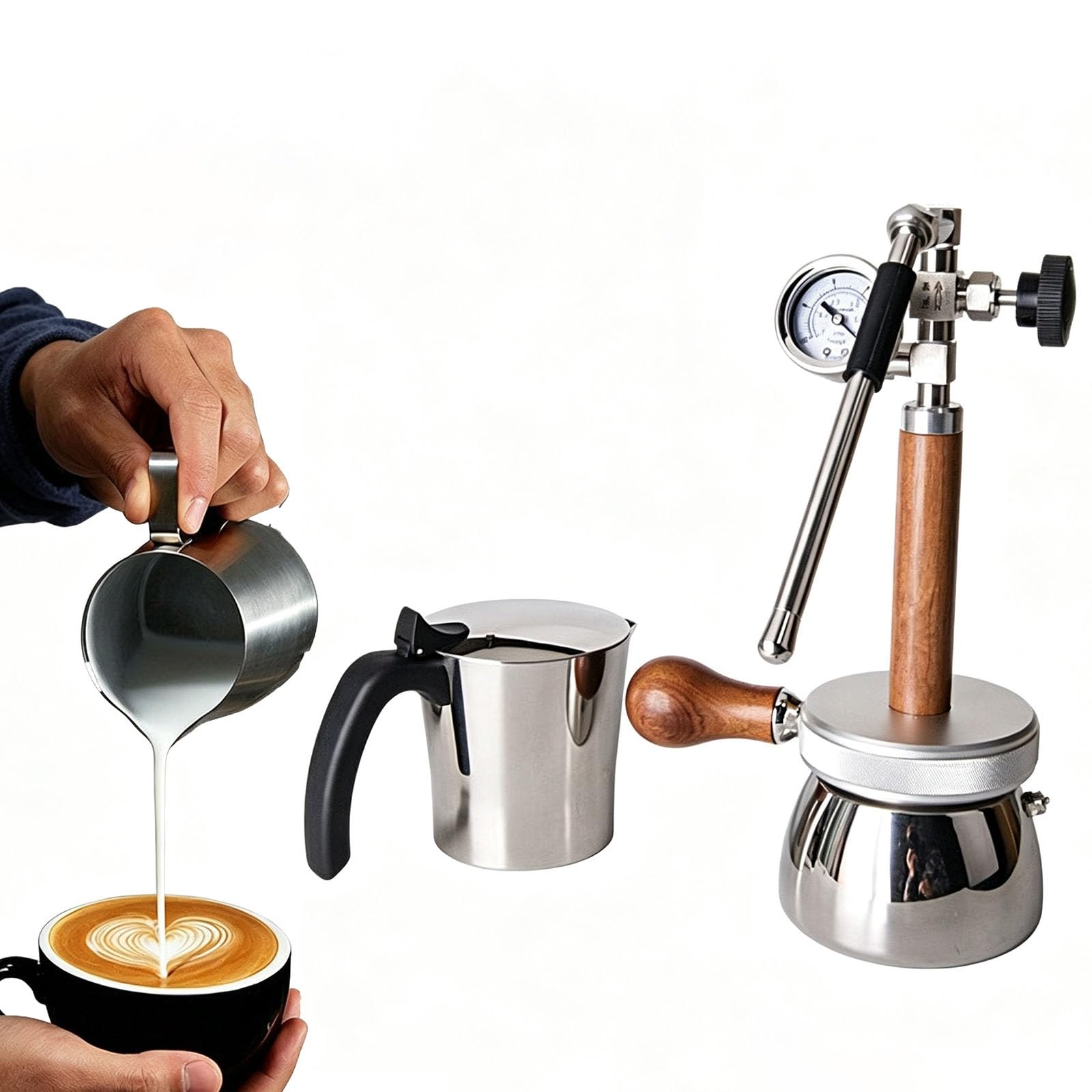 Przenośny parowy spieniacz do kawy, czajnik ze stali nierdzewnej 350 ml, do parzenia espresso na zewnątrz, ręczna redukcja ciśnienia, regulowana dysza do latte art i kempingu