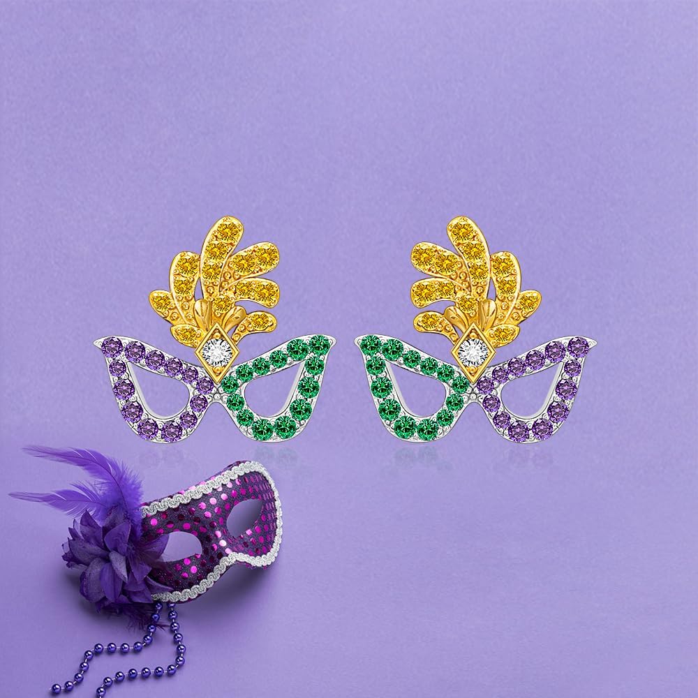 Mardi Gras Earrings for Women Small Mardi Gras Stud Earrings Sterling Silver Face Mask Feather - Image 4