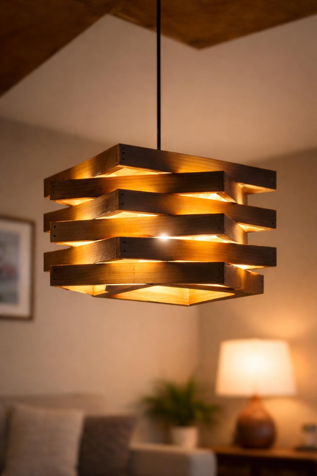 Wooden Ceiling Lamp, Natural Wood, Slatted Design, 20x25x25 cm, Warm Ambient Light, Bedside Desk Lamp-image-43