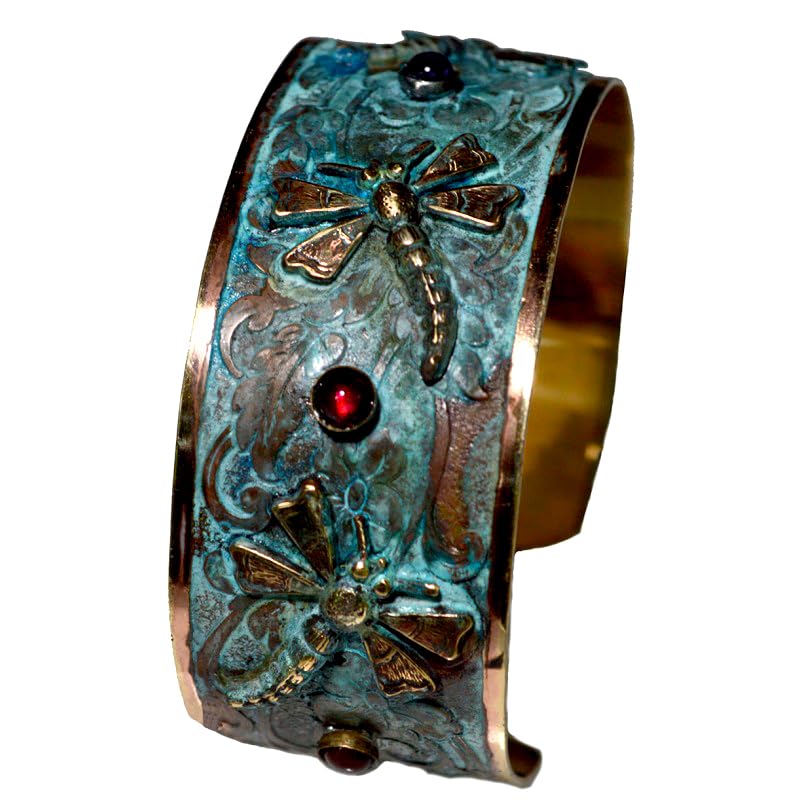 Elaine Coyne Collectible Artwear Verdigris Patina Brass Dragonflies Cuff - Amethyst, Carnelian, Garnet2
