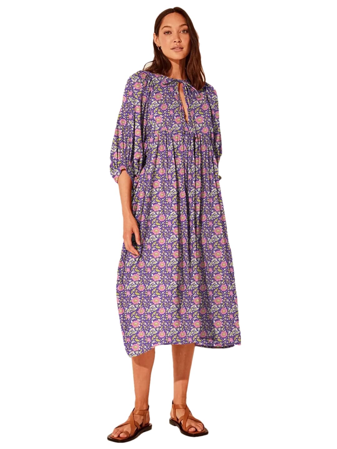 Hdhdeueh Vestido casual de gran tamaño para mujer, estampado de vacaciones, cuello en V, media manga, holgado, vestido midi bohemio