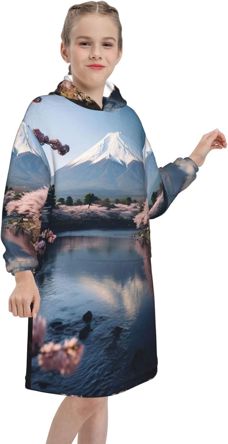 Japan Mount Fuji Landscape Print Oversized Blanket Hoodie, Wearable Blanket Hooded,Hooded Pullover With Pocket