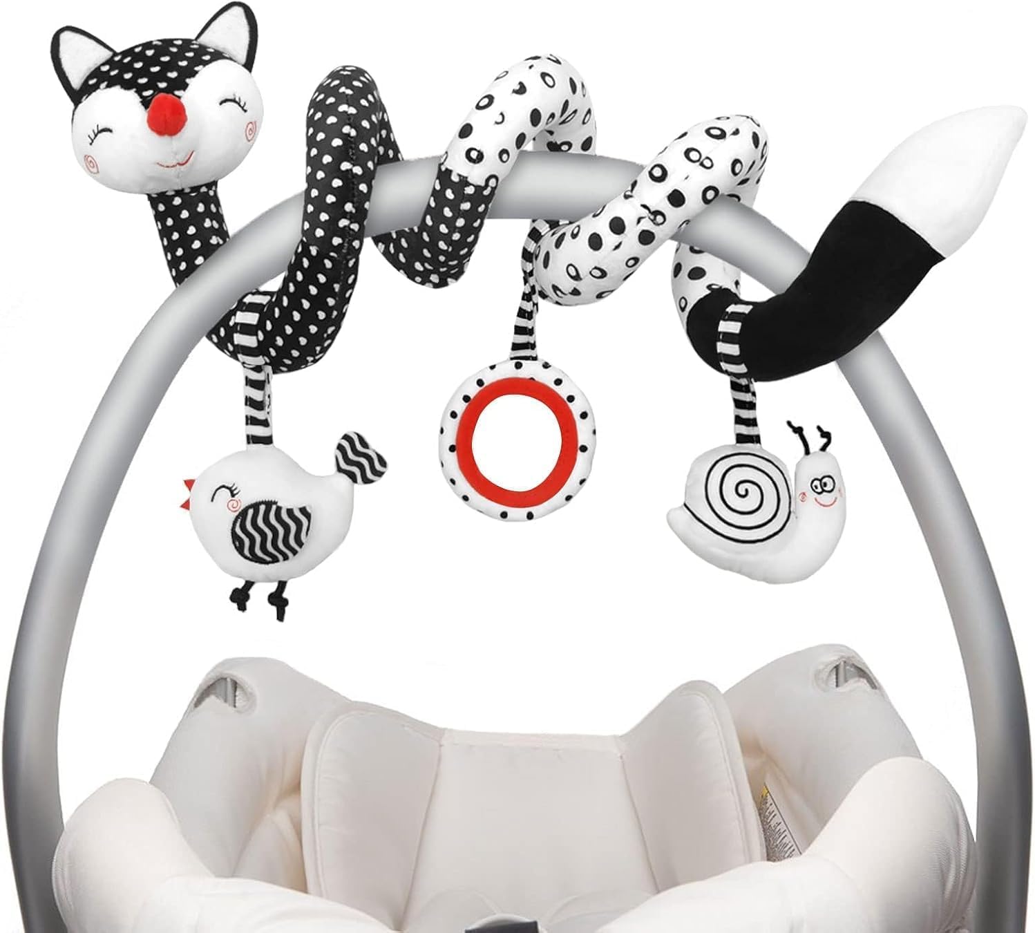 Car Seat Toys for Babies 0-6 Months, Baby Sensory Interaction Cartoon Toys with Bells_Black and White High Contrast Baby Toy Hanging or Wrapping Around The Infant Bed or Strollea03