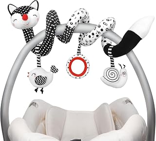 Car Seat Toys for Babies 0-6 Months, Baby Sensory Interaction Cartoon Toys with Bells_Black and White High Contrast Baby Toy Hanging or Wrapping Around The Infant Bed or Strollea03 ﻿
